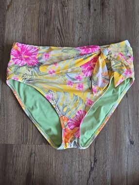 Nwot Bleu Rod Beattie High-Waist Floral Bikini Bottom  Yellow & Pink Size 12